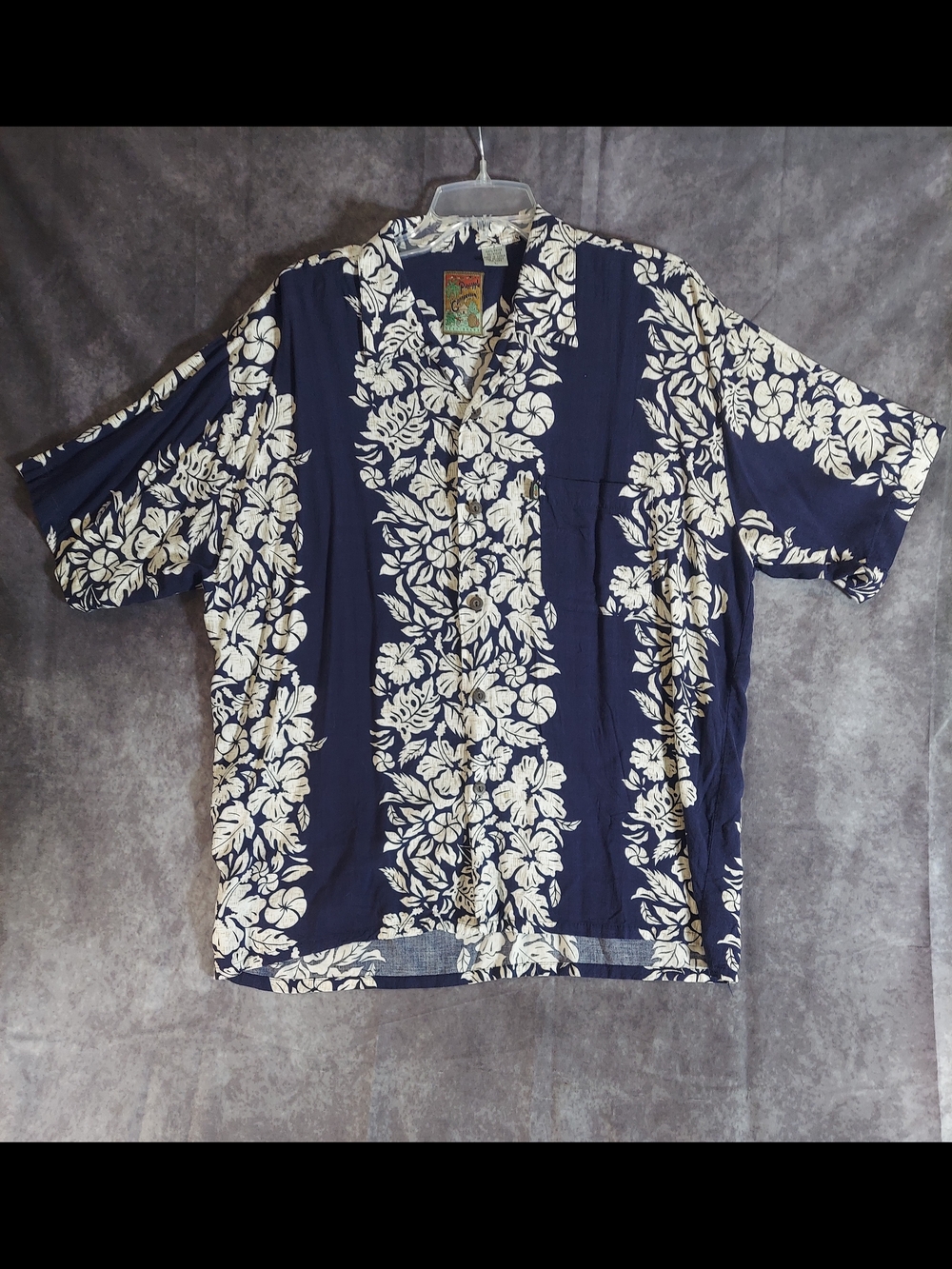 Pineapple Connection Vintage Rayon Hibiscus Floral Hawaiian Shirt Navy Men's L